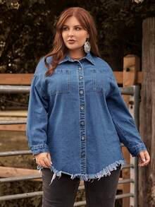 EMERY ROSE 大碼落肩袖毛邊緣牛仔夾克 - 中等水洗藍 - 查看 3