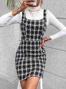 SHEIN Privé Vestido tipo peto de tweed con dobladillo dividido y estampado de pata de gallo sin suéter - Blanco y Negro - Ver 5