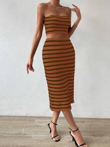 Chiquease Striped Pattern Tube Knit Top & Knit Skirt - Brown - View 3