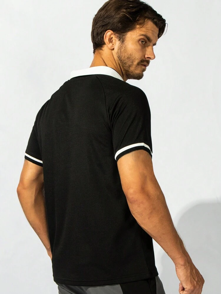 Men Letter Graphic Contrast Trim Sport Polo Shirt Workout Tops Golf Shirt