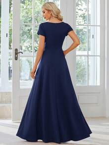 EVERPRETTY Surplice Neck Ruched Waist Chiffon Bridesmaid Dress - Navy Blue - View 2