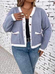 SHEIN LUNE 大碼拼接邊落肩袖開襟衫 - 藍色 - 查看 4