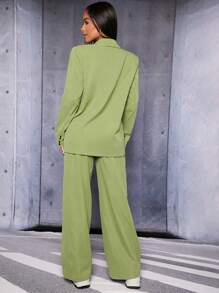 SHEIN PETITE Chất rắn Cổ áo Áo vest & Quần ống rộng - Màu xanh Bạc hà - Xem 2