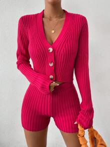 Chiquease Top unicolor tejido de canalé & Cárdigan & Shorts tejidos - Rosa Fucsia - Ver 7