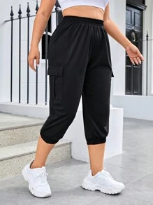 SHEIN Daily&Casual Plus Flap Pocket Side Elastic Waist Sports Pants - Black - View 5