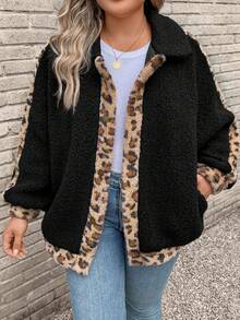 SHEIN LUNE Plus Leopard Pattern Teddy Coat - Black - View 4