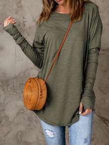 CILKOO Casual Solid Color Raglan Sleeve T-Shirt - Army Green - View 3