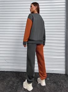 SHEIN Unity Letter Graphic Colorblock Drop Shoulder Sweatshirt & Sweatpants - Multicolor - View 2