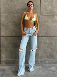 Casual Ripped Straight Leg Jeans - Light Wash - View 1