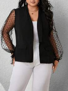 SHEIN Unity 大码女士优雅透视波点网纱轻薄西装外套，适合工作和通勤，春秋季穿着 - 黑色 - 查看 5