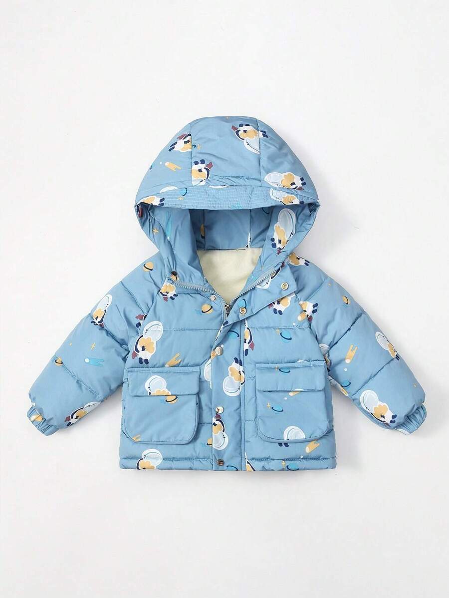SHEIN Young Boy Cartoon Graphic Padded Coat - Blue - View 1