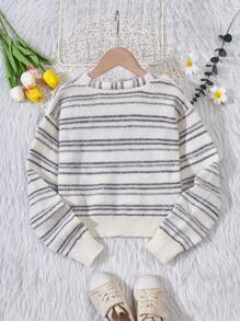 SHEIN Tween Girl Striped Pattern Surplice Neck Drop Shoulder Sweater