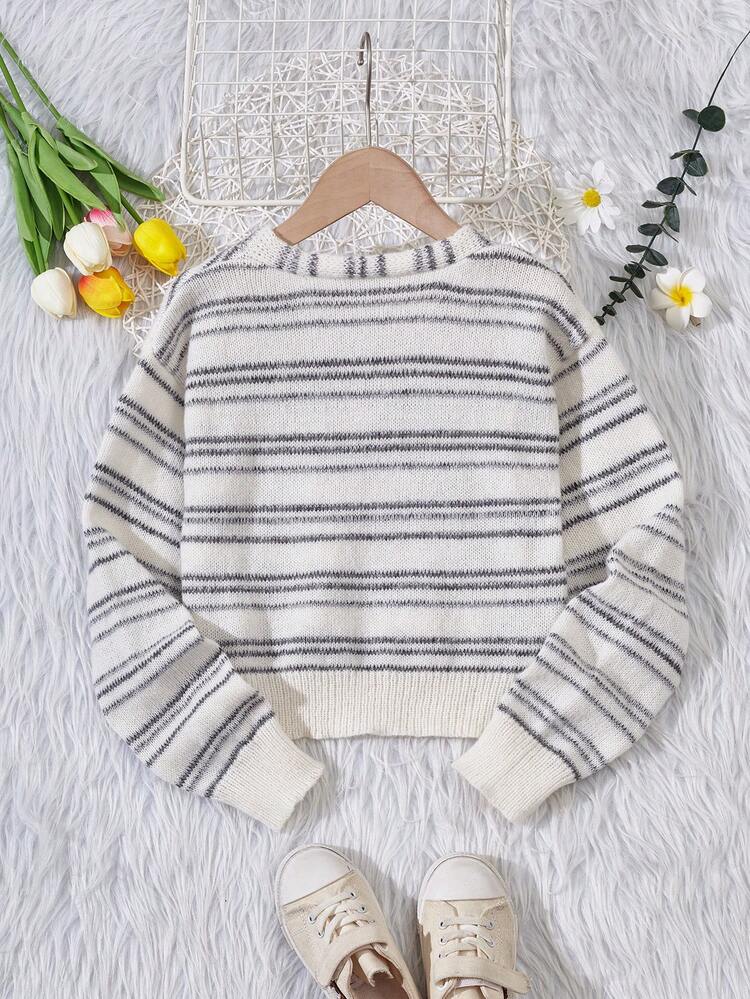Tween Girl Striped Pattern Surplice Neck Drop Shoulder Sweater