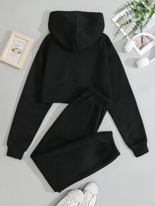 SHEIN EZwear Letter Graphic Drawstring Thermal Lined Hoodie & Sweatpants - Black - View 2