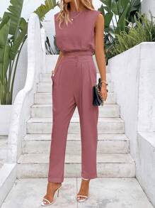 SHEIN Frenchy Solid Tank Top & Fold Pleated Pants Summer Pink Casual - Pink - View 3