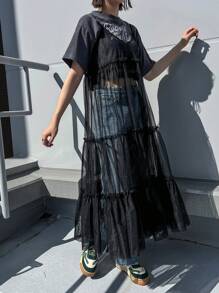 FRIFUL 1 pieza Vestido camisero de gasa con volantes multicapa y superposición de malla transparente