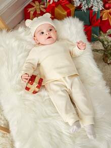 SHEIN Baby Boy Solid Tee & Pants & Hat for Christmas - Apricot - View 3