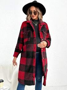SHEIN Maternity Buffalo Plaid Pattern Drop Shoulder Flap Detail Teddy Coat, For Winter - Red - View 4