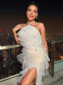 Aveloria Layered Ruffle Trim Split Thigh Mesh Overlay Halter Dress - Beige - View 5