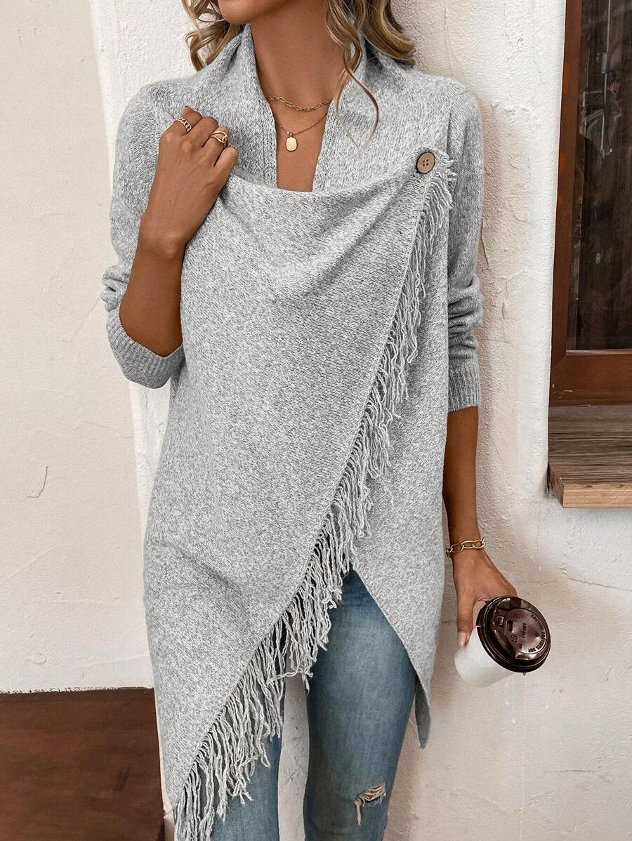 EMERY ROSE 流苏饰纽扣细节开衫、长袖上衣 - 淺灰色 - 查看 1