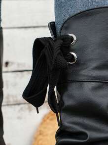 WRCVS 2025 年秋冬女式圆头褶皱套穿 PU 皮革装饰系带时尚及膝高筒靴，圆头内增高，轻便便捷的马靴，配有腰带扣装饰 - 黑色 - 查看 8