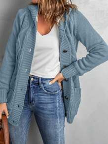 CILKOO Women's Casual Cable Knit Cardigan With Pockets, Loose Fit Solid Gray Blue Hooded Cardigan With Button Closure, Long Sleeve Top For Daily Wear - Dusty Blue - View 4