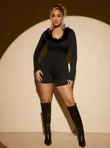 SHEIN SXY Fuzzy Trim Unitard Romper - Black - View 1