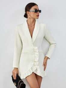 SHEIN Privé Shawl Collar Ruffle Trim Blazer Dress - Beige - View 4