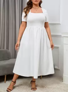 SHEIN Essnce Plus Square Neck A-line Dress - White - View 1