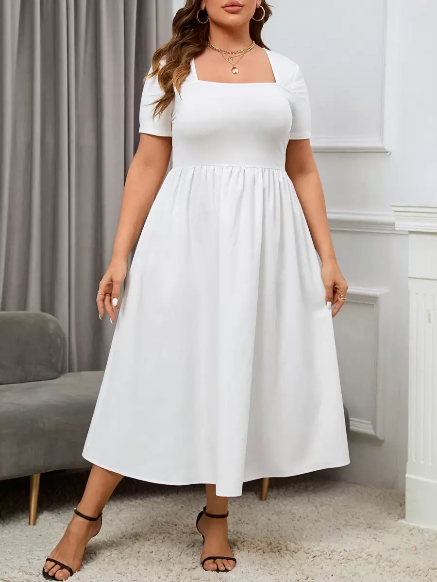 SHEIN Essnce Plus Square Neck A-line Dress - White - View 1
