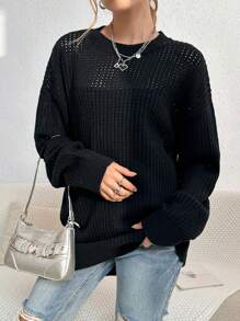 SHEIN Unity 素色落肩袖網眼針織套頭毛衣 - 黑色 - 查看 3