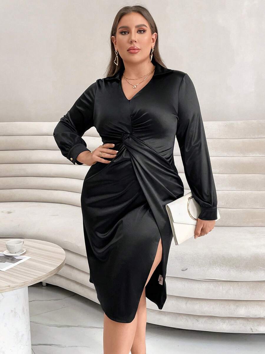 SHEIN Privé Plus Twist Front Wrap Hem Satin Dress - Khaki - View 1