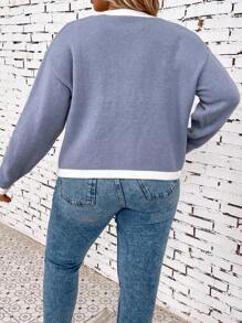 SHEIN LUNE 大碼拼接邊落肩袖開襟衫 - 藍色 - 查看 2