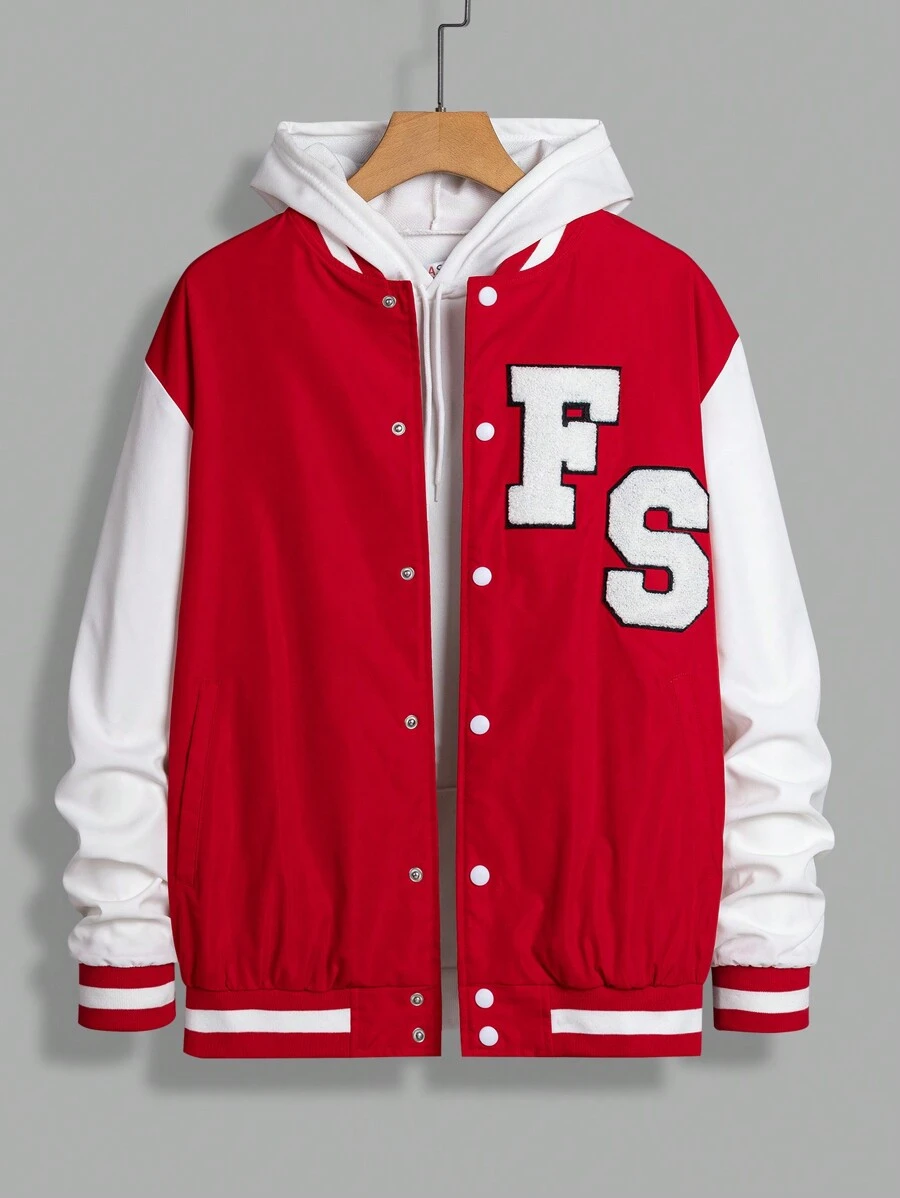 Manfinity RebelGame Áo khoác Varsity kẻ sọc vá chữ cỡ lớn cho nam - Đỏ và trắng - Xem 1