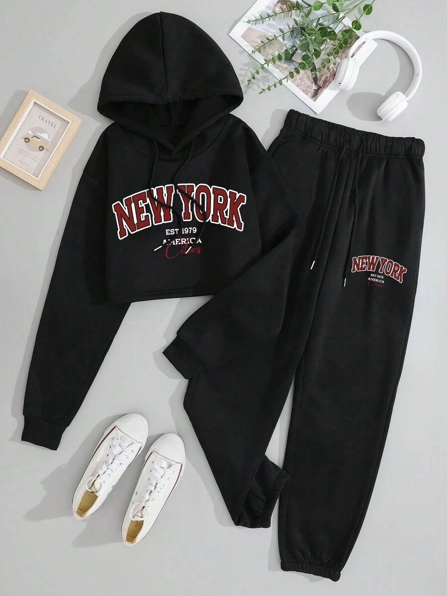 SHEIN EZwear Letter Graphic Drawstring Thermal Lined Hoodie & Sweatpants - Black - View 1
