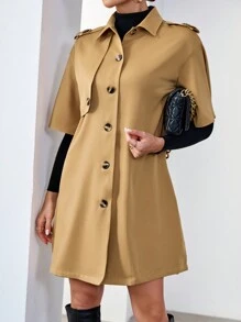 SHEIN Essnce Drop Shoulder Button Front Trench Coat - Khaki - View 4