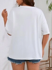 SHEIN EZwear Plus Letter Graphic Drop Shoulder Tee - White - View 2