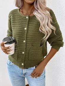 SHEIN LUNE 雙口袋前紐扣開襟衫 - 軍綠色 - 查看 5