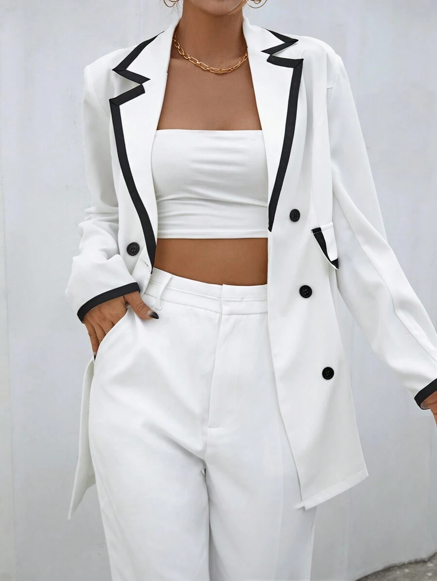 SHEIN Privé 撞色滾邊雙排釦西裝外套 - 黑與白 - 查看 1