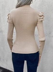 Ellegaria. Mock Neck Button Detail Ruffle Trim Ribbed Knit Sweater,Long Sleeve Tops Knit Pullover Fall Winter Outfit - Apricot - View 2