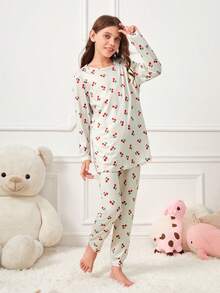Tween Girl Cherry Print Tee & Pants PJ Set - Grey - View 4