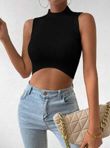 Chiquease Cổ giả Áo Crop Tank Knit ngọn - màu đen - Xem 4