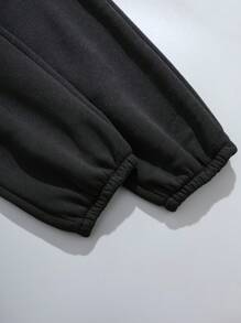 SHEIN EZwear 袋鼠口袋抽繩加絨內裏連帽衫和運動褲 - 黑色 - 查看 6