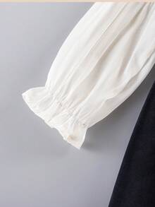 SHEIN 女小童前蝴蝶結荷葉袖褶邊領洋裝 - 黑色 - 查看 5