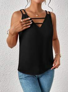 SHEIN Essnce Bluză solidă decupată în față - Negru - Vizualizare 5