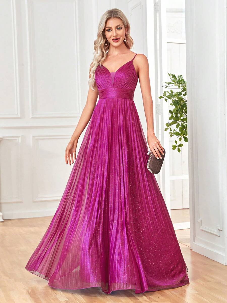 Women's High Waist Pleated Metallic Strap Maxi Party Dress, Elegant For Party, Wedding, Banquet Wedding Guest Dress Formal Dress Evening Dress,Gown - Màu Hồng Tươi - Xem 1