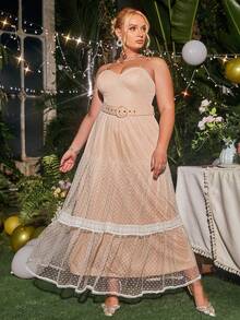 Glamaker 大碼蕾絲拼接荷葉邊網紗吊帶洋裝 - 淺粉色 - 查看 5