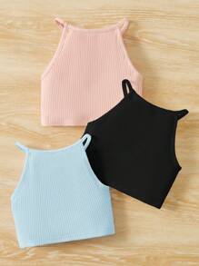 SHEIN Set de 3 piezas Conjunto informal de punto para bebé niña con chaleco de cuello halter acanalado - Multicolor - Ver 2