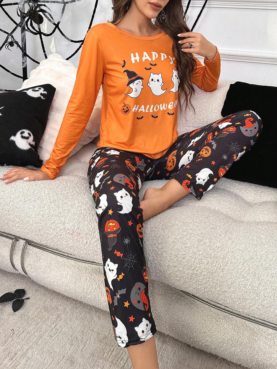 Conjunto de pijama pantalones con camiseta con estampado de halloween - Multicolor - Ver 1