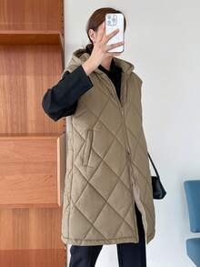 DAZY Zip Up Hooded Vest Quilted Thick Pockets Coat - Green - View 8